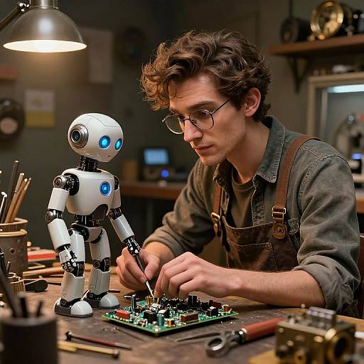 Photograph of a young man with curly brown hair, glasses, and denim overalls, assembling a small white robot with blue eyes, in a dim