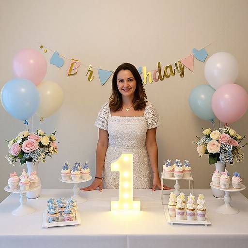 Photograph of a smiling woman in white lace dress, standing behind birthday cake table with pastel balloons, floral centerpieces, and cupcakes, illuminated by