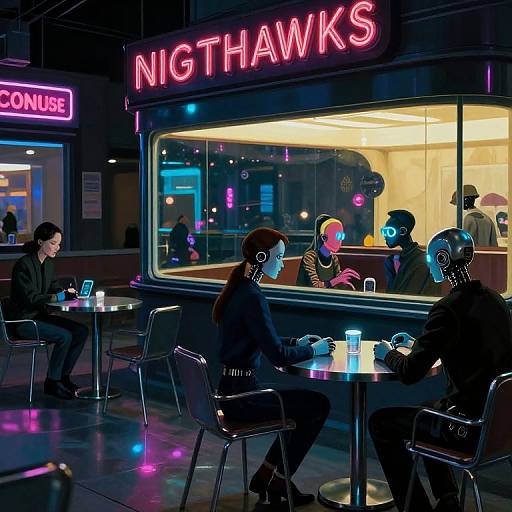 Neon-lit night café scene: three people in black, futuristic face masks with blue visors, sitting at tables outside 