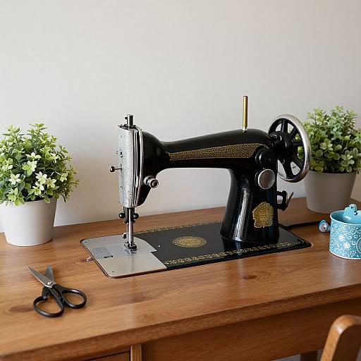 Photograph of a vintage black sewing machine on a wooden table with potted plants, scissors, and blue fabric, against a white wall.