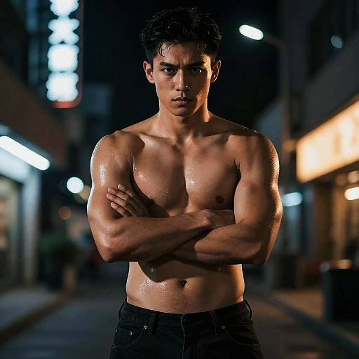 Photograph of a muscular, shirtless Asian man with wet skin, crossed arms, and intense expression, standing on a dimly lit, neon-l