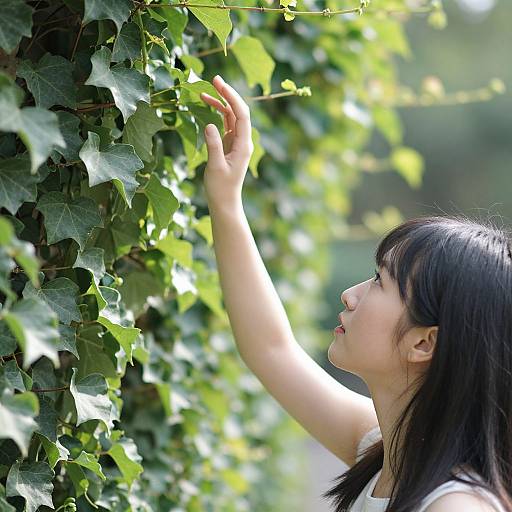 Photograph of an Asian woman with dark hair, white sleeveless top, reaching up to touch green ivy leaves in sunlight.