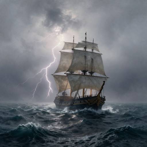 Photorealistic digital painting of a stormy sea with a wooden ship, sails billowing, lightning striking above, and choppy waves.