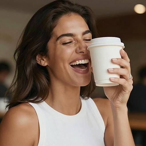 Joyful Woman Laughing With Coffee