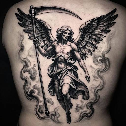 Black and gray tattoo of a winged, nude angel with a scythe, surrounded by smoke, on a human back. Ink drawing style.