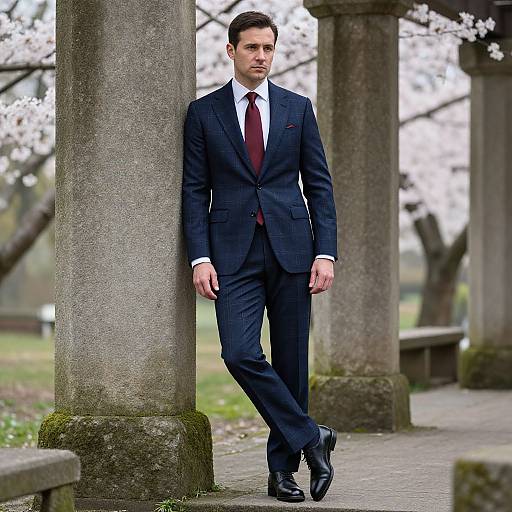 Man in Navy Windowpane Suit by Pillars