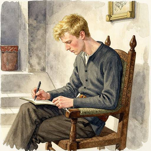 Digital painting of a blonde man with glasses, wearing a gray sweater and black pants, writing in a notebook while seated on a wooden chair, in a