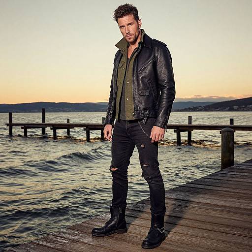 Photograph of a rugged, blond-haired man in a black leather jacket, olive shirt, ripped jeans, and black boots, standing on a wooden pier