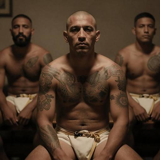 Tattooed Men in Dimly Lit Room