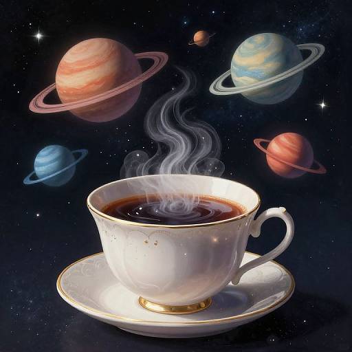 Digital artwork: Steaming white teacup with gold trim, set on a matching saucer, surrounded by colorful planets with rings in a starry