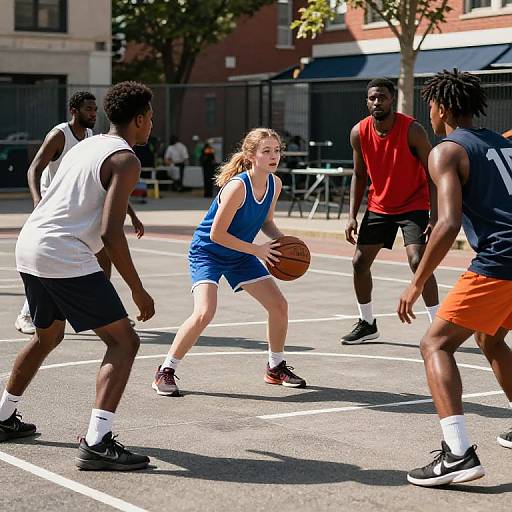 Photograph of five diverse teenagers playing basketball on an outdoor court, with a blonde girl in a blue uniform dribbling the ball.