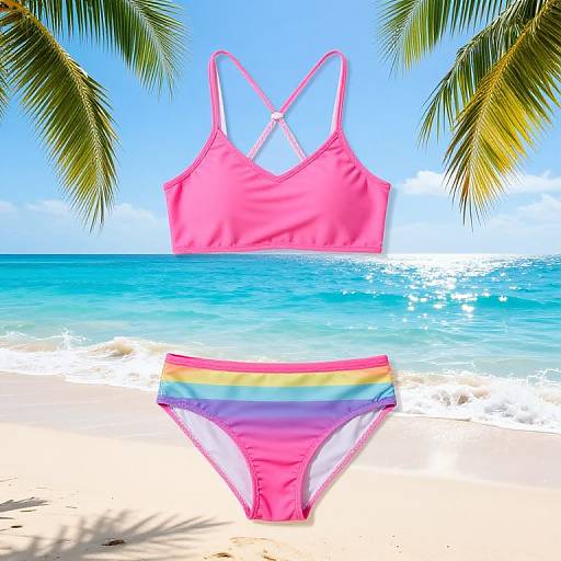 Photograph of a bright pink bikini with a rainbow-striped bottom, displayed against a tropical beach backdrop with clear blue sea and palm fronds.