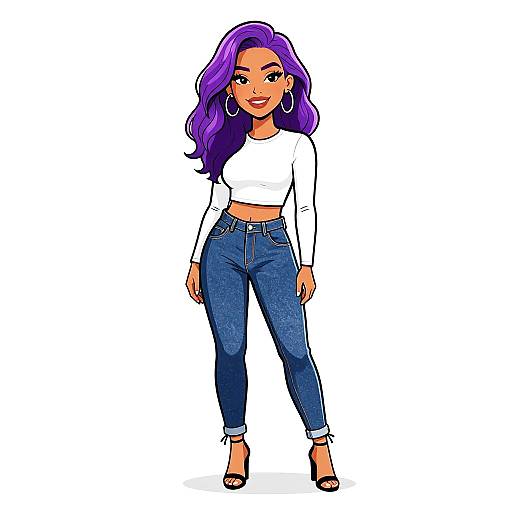 Digital illustration of a confident woman with vibrant purple hair, wearing a white crop top, blue jeans, and black heels, against a white background.