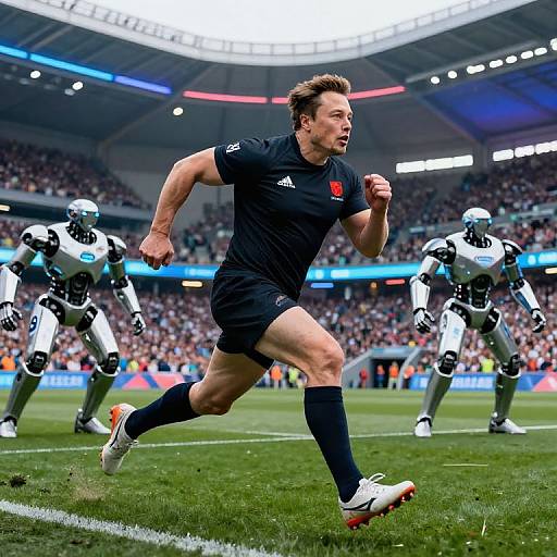 Photograph of a muscular male rugby player in black uniform sprinting forward, pursued by three white-clad opponents in a large, crowded stadium.