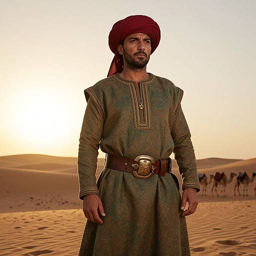 Photorealistic digital image of a bearded Middle Eastern man in a red turban, green tunic, and brown belt, standing in a desert