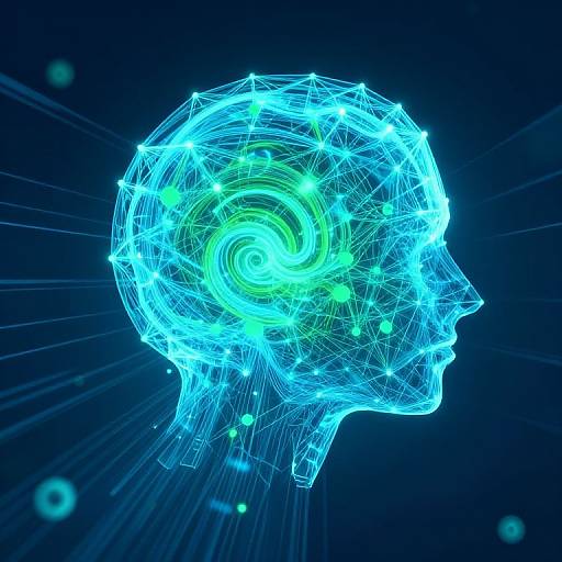 Digital art of a neon blue wireframe human head with glowing green center, set against a dark blue background with light rays.