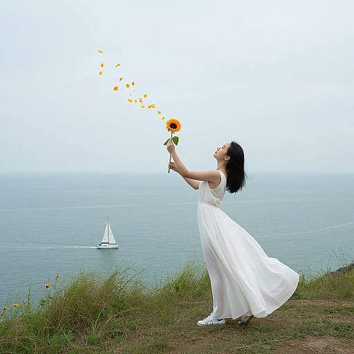 Photograph: Asian woman in white dress, black hair, holding sunflower, scattering petals, overlooking ocean with small sailboat in background.