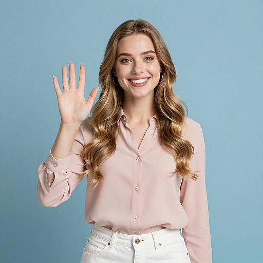 Smiling Blonde Woman Waving Cheerfully