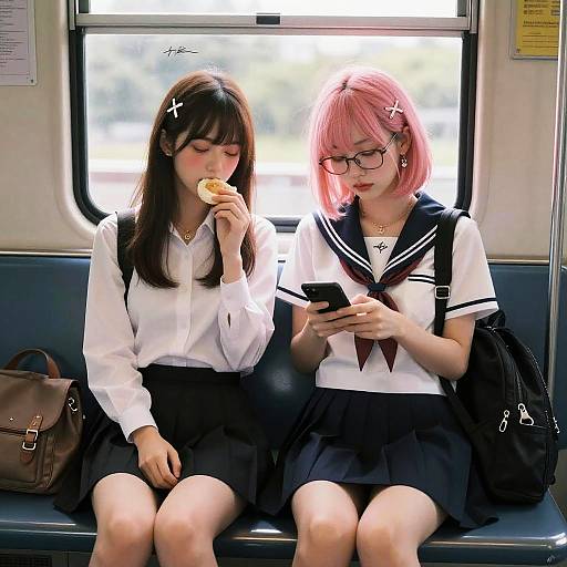 Photograph of two Japanese schoolgirls with black skirts and white sailor tops, one with brown hair eating a pastry, the other with pink hair and glasses