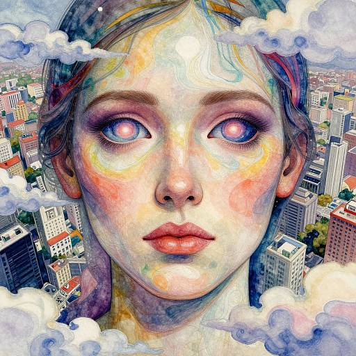 Digital painting of a giant-eyed, rainbow-haired girl with glowing eyes, standing among city skyscrapers, framed by fluffy white clouds.