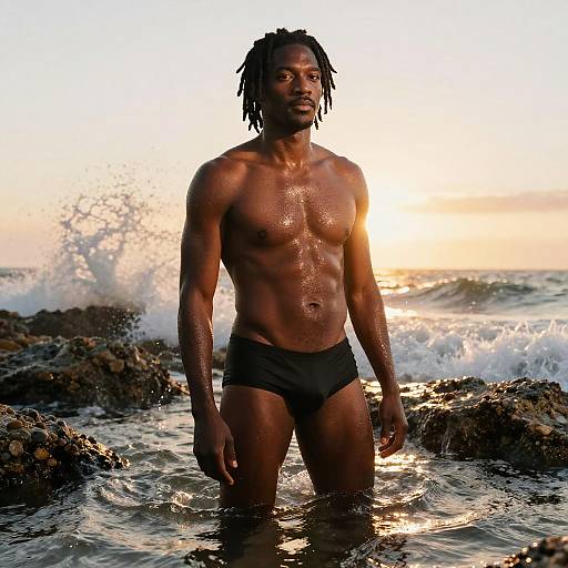 Photograph of a muscular, dark-skinned, dreadlocked man in black swim trunks standing in ocean waves at sunset, with sunlight highlighting his wet