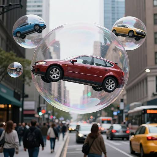 Photograph of a busy city street with three floating bubble cars (red, blue, yellow) above pedestrians and yellow taxis.