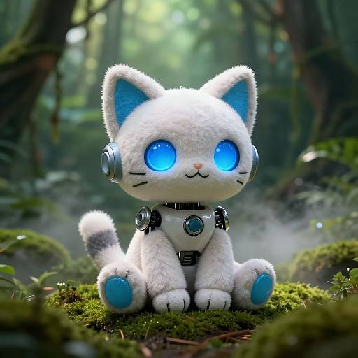 CGI image of a fluffy white robotic cat with glowing blue eyes, cybernetic ears, and chest, sitting on mossy forest floor.