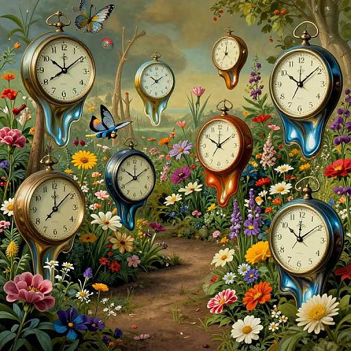 Magical garden scene with floating, glowing clocks showing different times, surrounded by vibrant flowers, butterflies, and a winding path. Digital art.