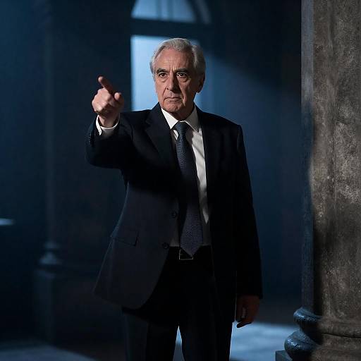 Older Man Pointing in Dimly Lit Stone Room