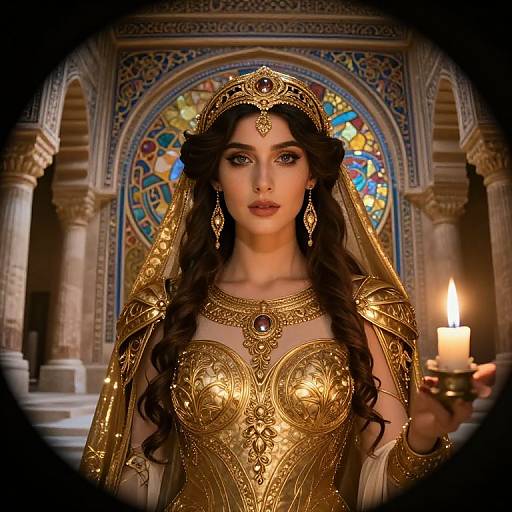 Digital artwork of a fair-skinned woman with long dark hair, wearing ornate golden armor and veil, holding a candle, in an illuminated, colorful