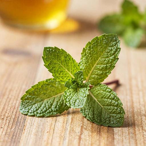 Close-up photograph of fresh, vibrant green mint leaves with textured surfaces, placed on a rustic wooden surface, with a blurred golden background.