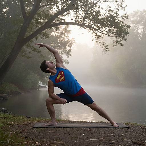Photograph of a muscular man in a blue Superman shirt and red shorts, performing a yoga pose by a misty lake. Trees and morning light in