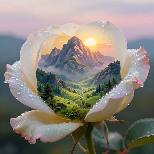 Photograph of a dewy white rose with a mountainous sunrise landscape reflected inside, blending nature's beauty with vibrant, detailed realism.