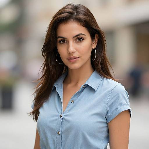 Photograph of a young woman with medium brown skin, long dark brown hair, wearing a light blue button-up shirt and large hoop earrings, standing in
