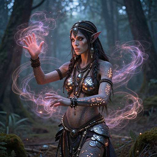 Digital artwork of an elf woman with pointed ears, dark braided hair, and glowing purple magic in a mystical forest. She wears metallic armor and be