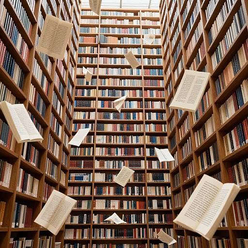 Photograph of a towering library with wooden bookshelves filled with colorful books, and white pages floating mid-air.