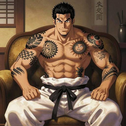 Stoic Tattooed Samurai on Couch