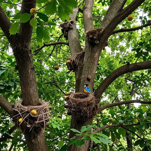 Photograph of a tree with vibrant green leaves, brown bark, and multiple nests containing bright orange fruits and a colorful blue, yellow, and red bird