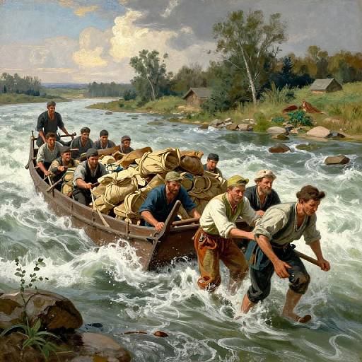 Painting of a wooden boat filled with men in 19th-century clothing, navigating a turbulent river with sacks, surrounded by lush trees and small cabins