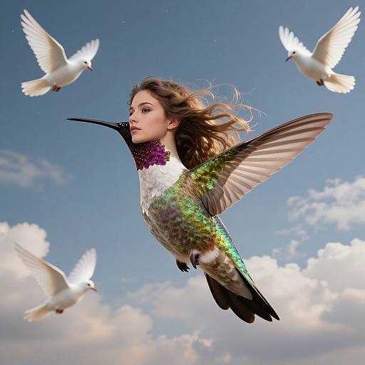 Photorealistic digital art: Young woman with flowing brown hair, wearing a hummingbird costume, flies amidst four white doves against a blue sky with