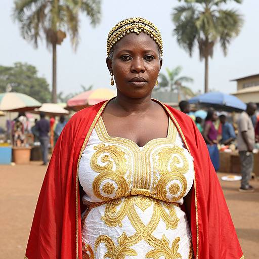Photograph of a dark-skinned African woman with gold headpiece, wearing a white and gold embroidered dress with red shawl, standing in a bustling