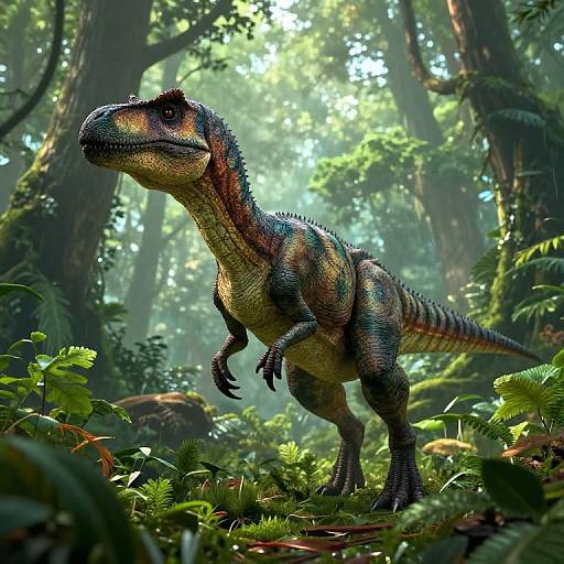 Digital illustration of a vibrant, detailed velociraptor in a lush, sunlit forest. The dinosaur has green, brown, and red scales, standing