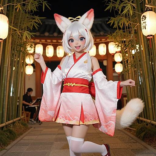 Digital anime-style photo of a cute girl with white hair, fox ears, and tail, wearing a white and red kimono, standing on a lantern