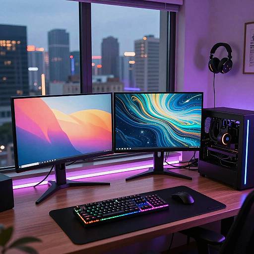 Modern Gaming Setup with City View