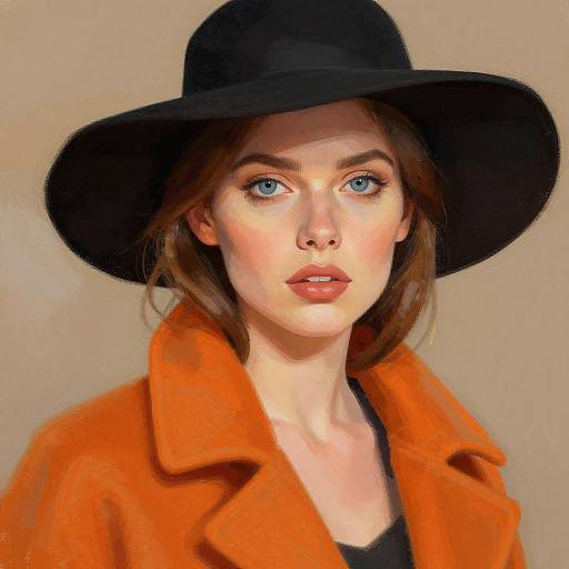Digital painting of a fair-skinned woman with blue eyes, wearing a black hat and vibrant orange coat, against a beige background.