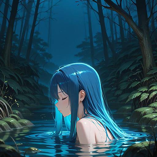 Emotionless Blue-Haired Girl in Swamp