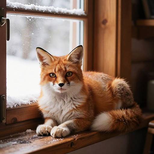 Photograph of a red fox with orange fur, white chest, and black-tipped ears, lying on a snowy wooden window sill, gazing forward