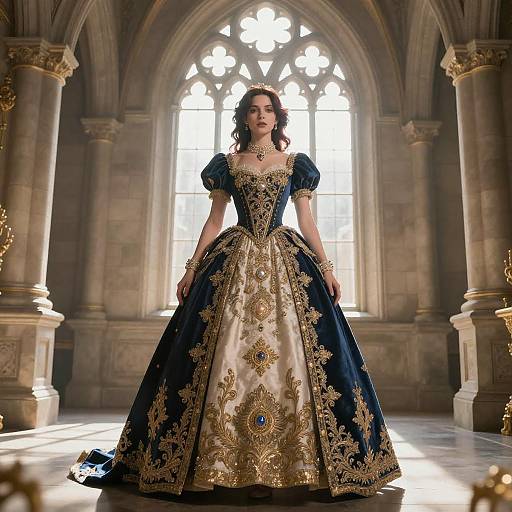 Woman in Ornate Gothic Gown in Stone Keep