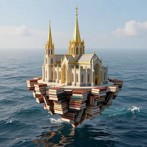Floating Cathedral Above Book Ocean