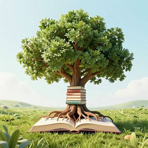 Digital artwork of a tree with green leaves, trunk wrapped in stacked books, growing from an open book on grass.